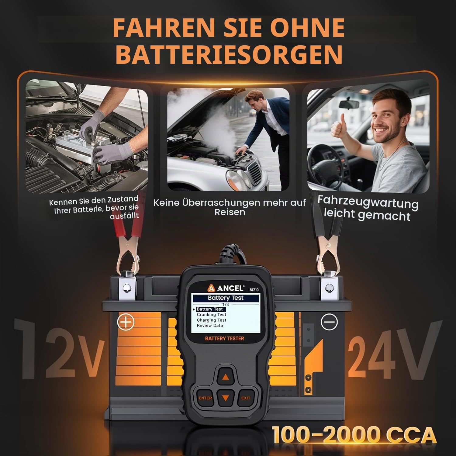ANCEL BT310 Autobatterie Tester 12V 24V Batterietester KFZ 100–2000 CCA | Batterie Tester Auto mit Batterietest Anlasstest & Ladetest für SUV LKW ATV Boot PKW Motorrad Blei-Säure & Lithium Batterien