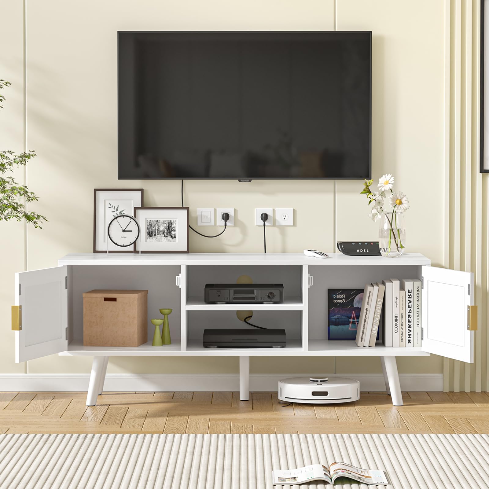 TV Schrank 120 x 40 x 49 cm TV Lowboard mit 2 Türen und 2 offenen Regalfächern, Ráttan Fernsehschrank für Fernseher bis zu 55 Zoll, TV Board für Wohnzimmer, Esszimmer, Schlafzimmer, Weiß