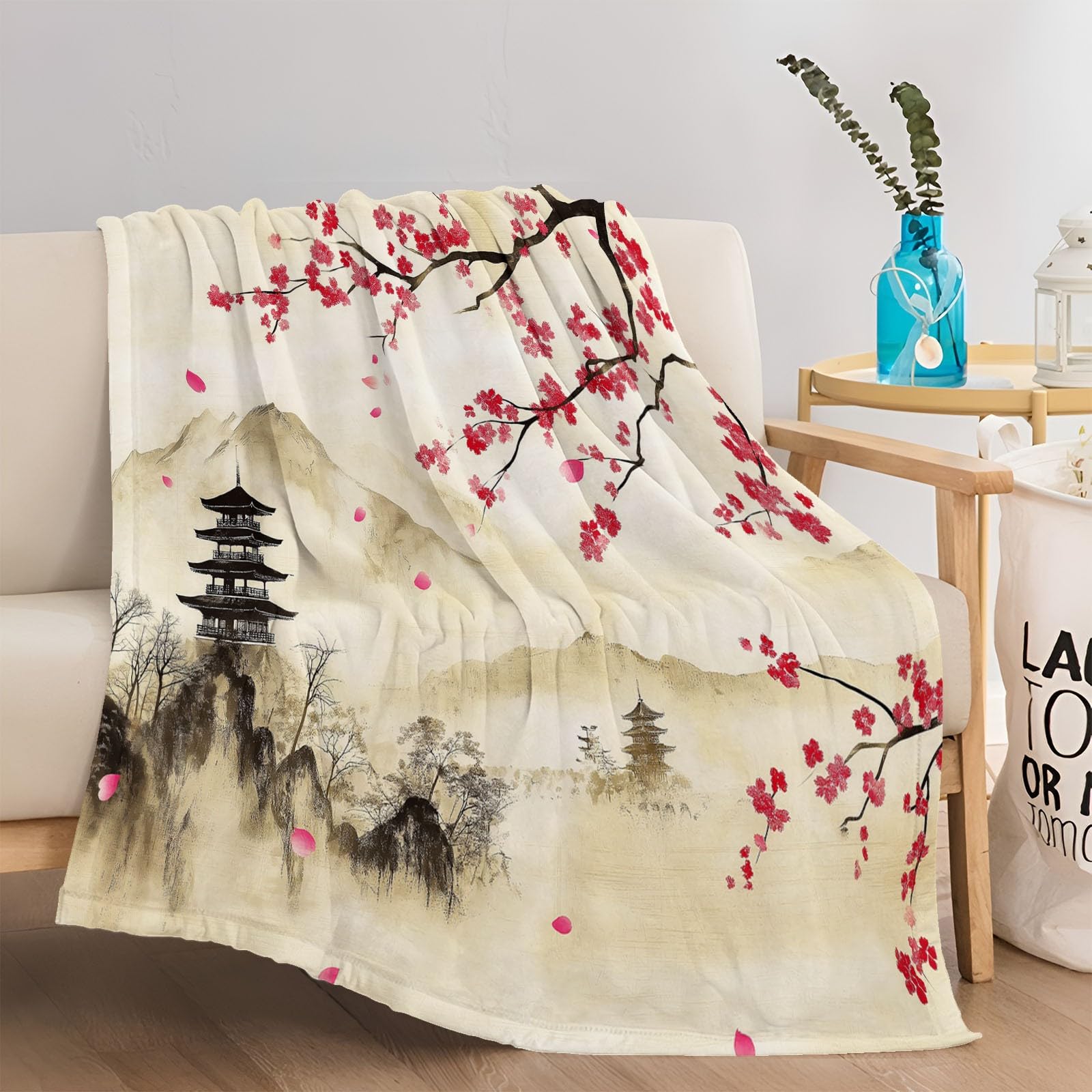 3D Couvertures Polaire Brun Flanelle Couverture Polaire Style Japonais Montagnes Pagode Fleurs De Cerisier pour Adultes Enfants Rester Chaud en Hiver Couverture en Peluche Canapé-lit 180 x 220 cm