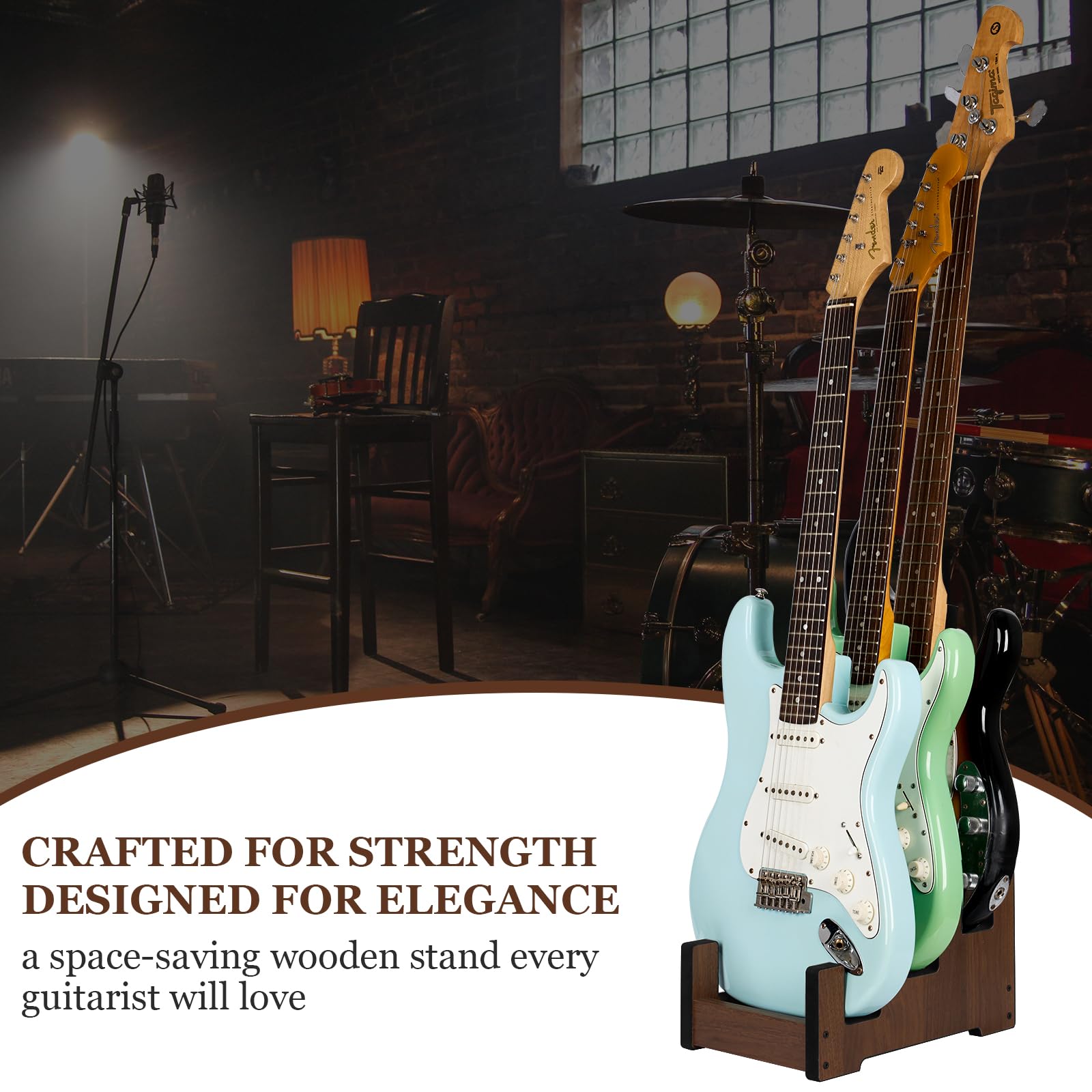 Gitarrenständer aus Holz, 3 Halterungen, platzsparender Gitarrenbodenständer für Zuhause, Musikstudio, Bühne, Walnussholzfarben