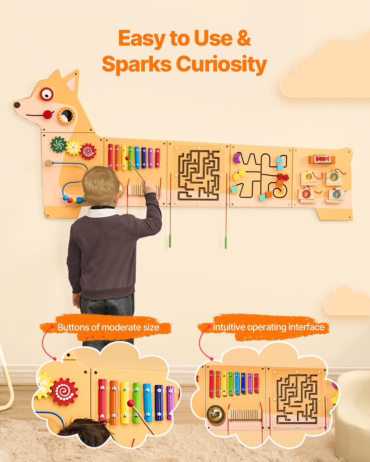 VEVOR Panneaux Muraux d'Activités Chiot, 12 Jeux, Jouet Mural Sensoriel Montessori pour Enfants 3-12 Ans, Centre d'Activités d'apprentissage, Salle de Jeux des Tout-Petits, Crèche, Salle de Classe