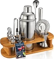 WOTTOR-US 13-Piece Cocktail Shaker Set with Bamboo Stand - 25oz Martini Shaker, Jigger, Bar Spoon, Home Bartender Kit & Recipe Book