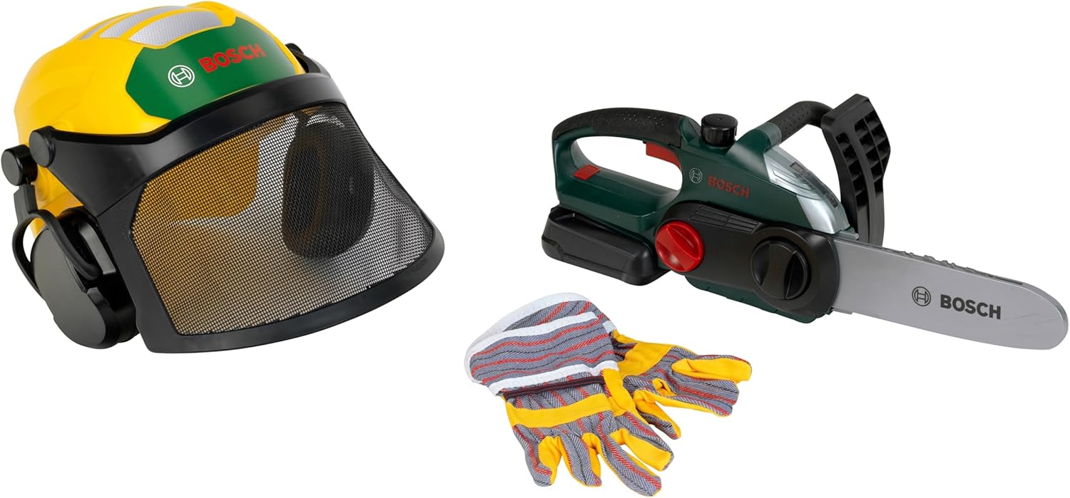 Theo Klein 8197 Bosch Lumberjack Set | With chainsaw, forest helmet and gloves | Realistic saw sound and flashing light | Officially licensed product | Toy for children from 3 years