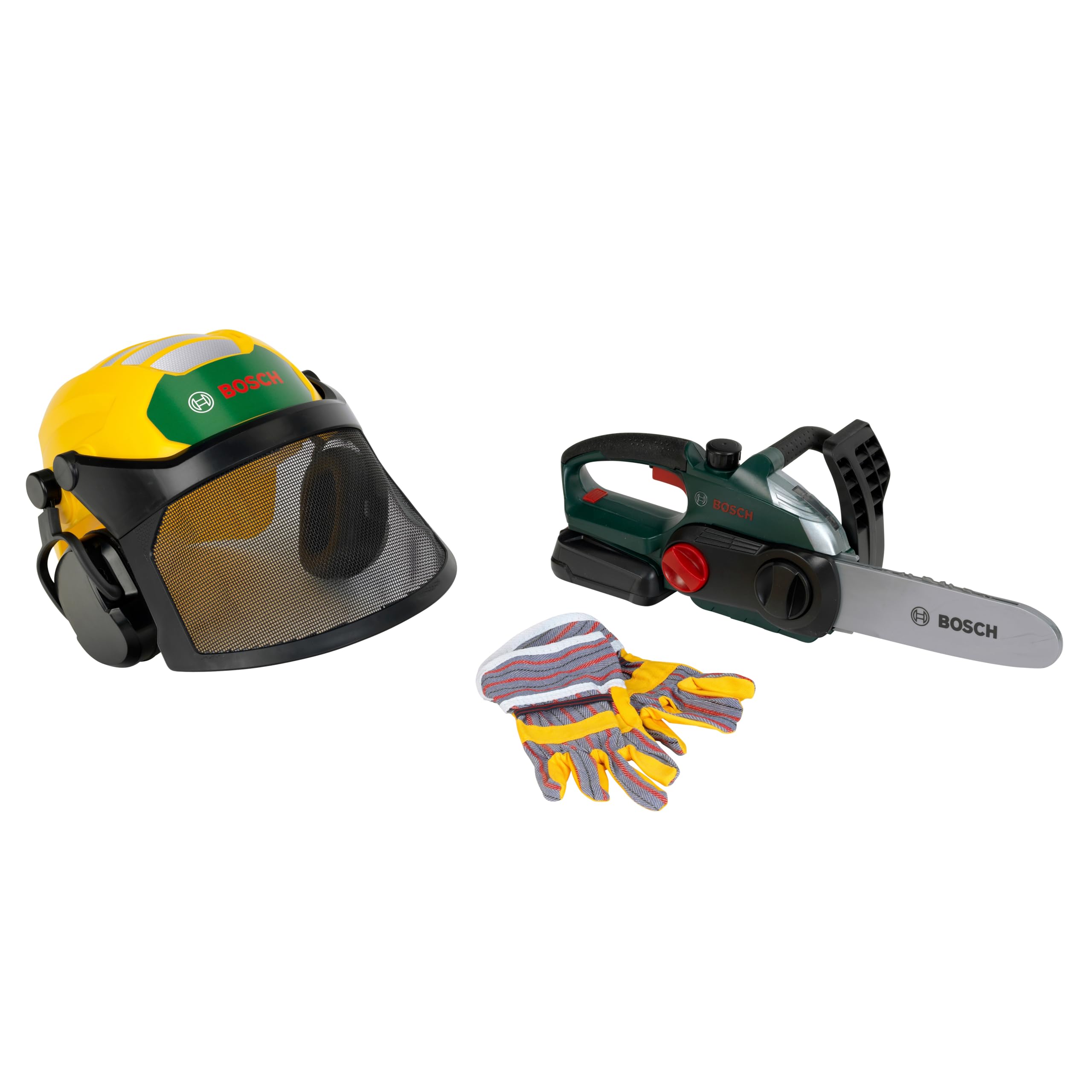 Theo Klein 8197 Bosch Set Boscaiolo | con Motosega, Casco forestale e Guanti | Suono Realistico e Luce Lampeggiante | Prodotto con Licenza Ufficiale | Giocattolo per Bambini dai 3 Anni