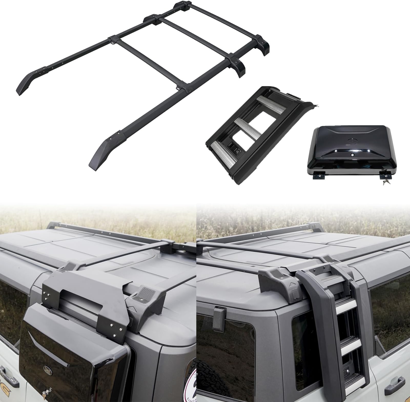 Extended Roof Rack Cross Bars & Side Ladder & Side Box for 2021-2025 Ford Bronco 4Door Hard Top Rooftop Cargo Accrssories Luggage Rack (Except Bronco Sport)