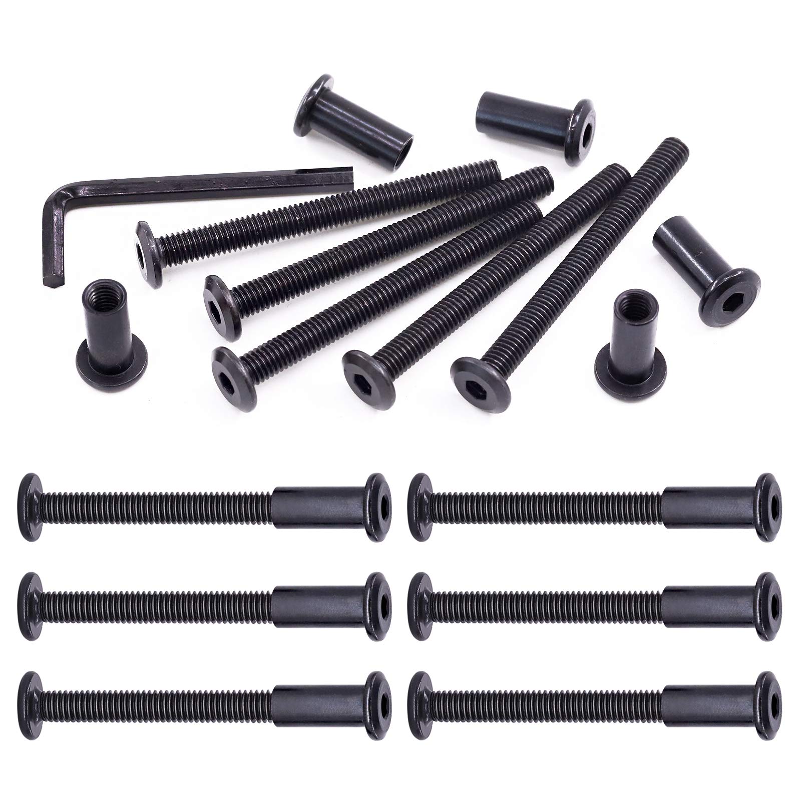 Swpeet 25Pcs M6x65mm Carbon Steel Black Hex Drive Socket Cap Bolts Barrel Nuts Assortment Kit with 1Pcs Allen Wrench, Screw Post Fit for Furniture Countsunk Belt Buckle Leather Binding Bolts — image 1