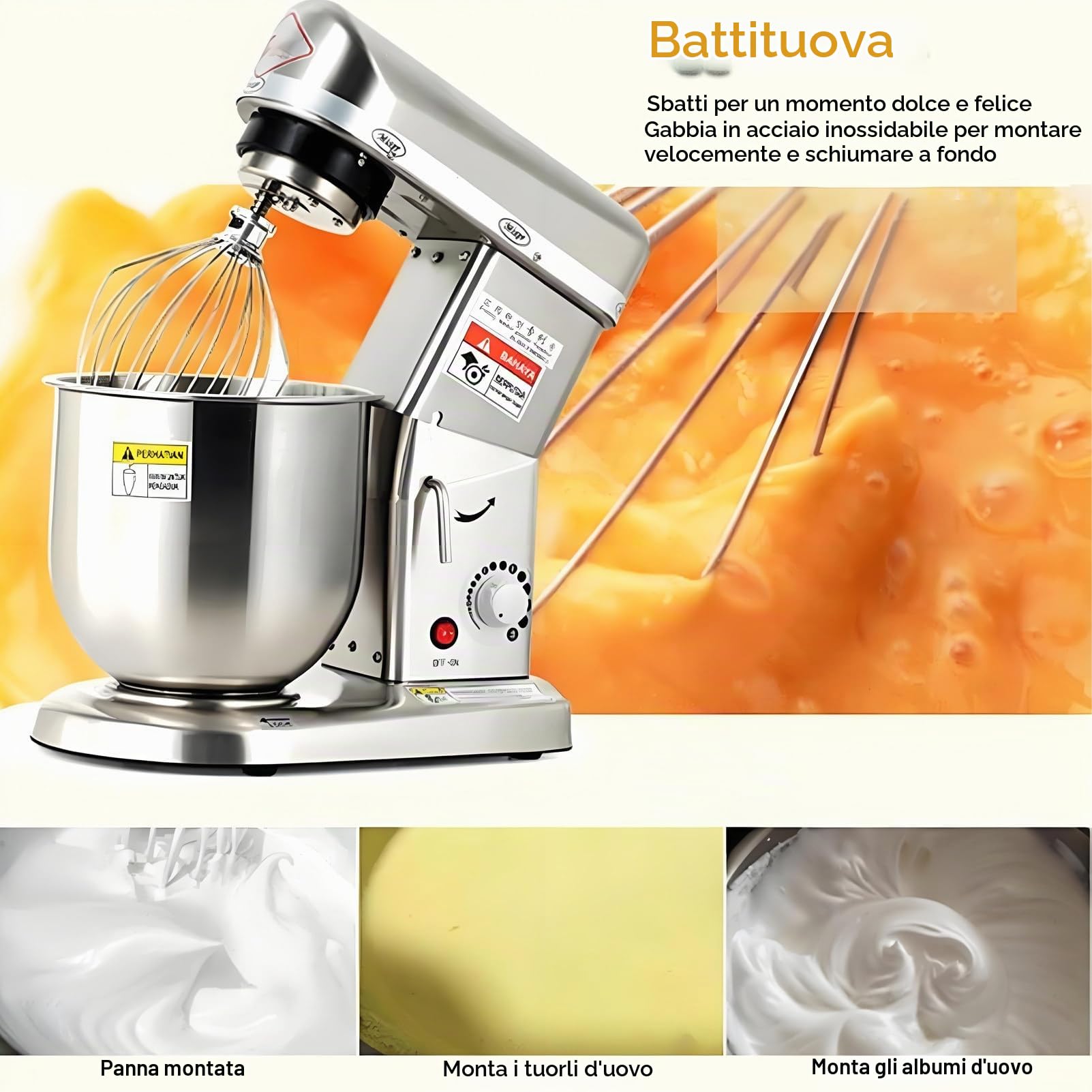 Impastatrice planetaria Professionale per la Cottura al Forno, impastatrice Commerciale per impieghi gravosi con Gancio per impastare, Frusta e sbattitore, 3 velocità 10L-220vSilver