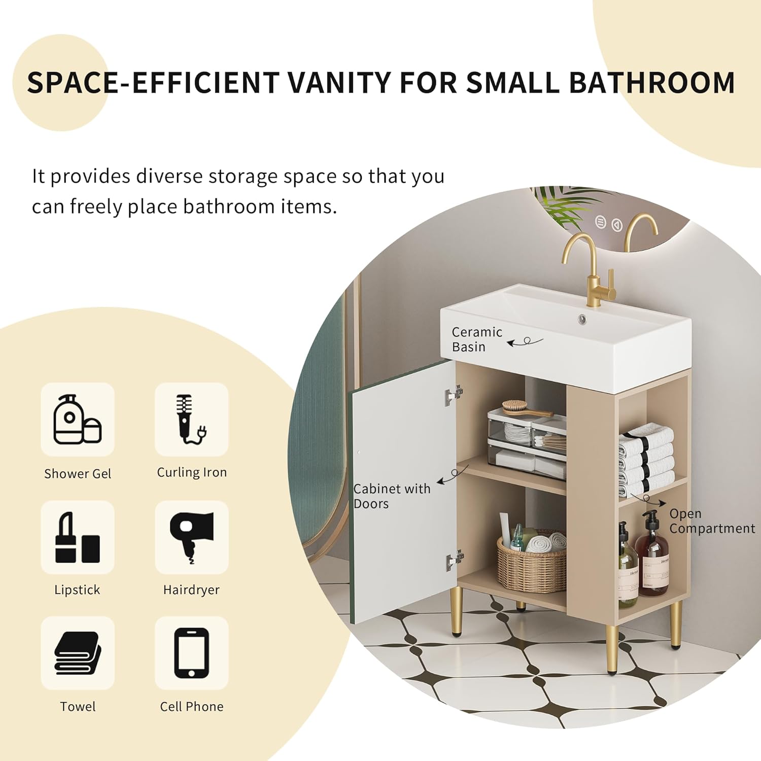 Harper & Bright Designs 21.6 Inch Bathroom Vanity with Sink, Narrow Depth Bathroom Vanities, Wood Vanity Cabinet, Soft Closing Door, Freestanding Sink Cabinet W/Open Right Side Shelves, Green