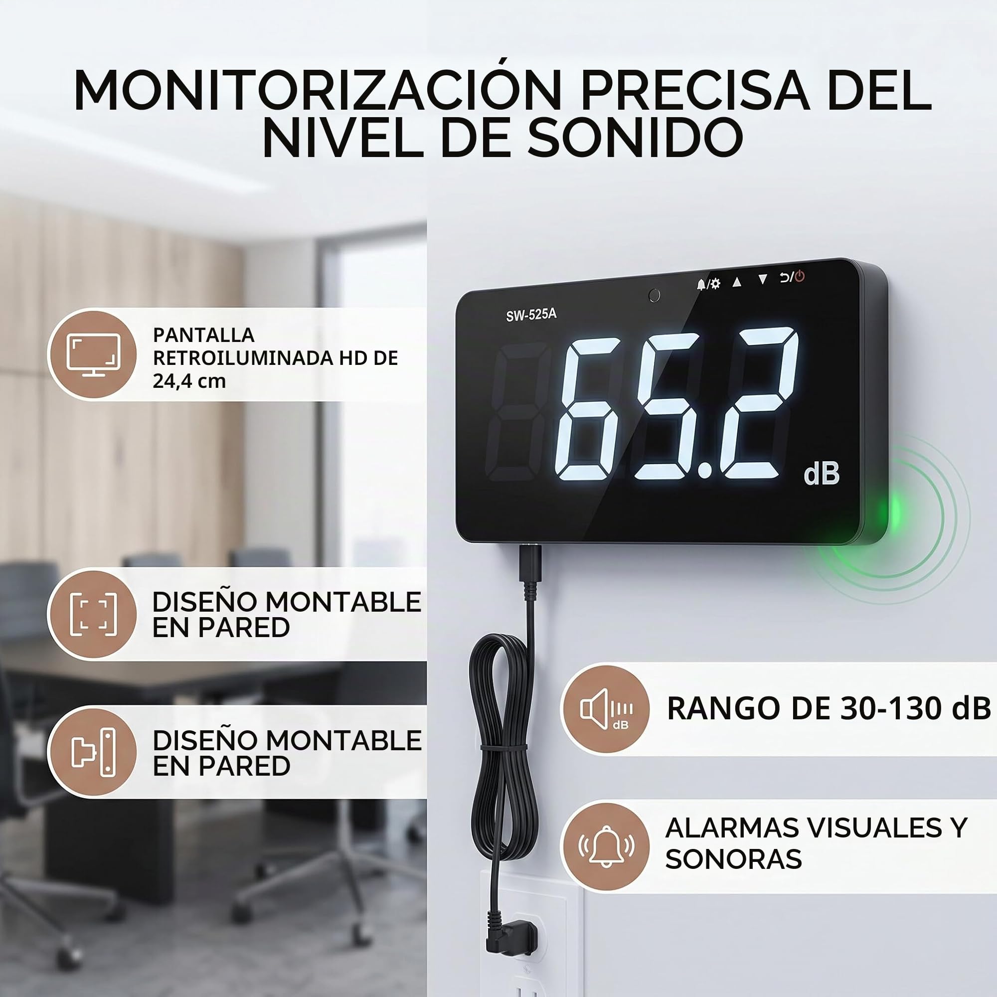 Medidor de Nivel de Sonido de 30~130 DB, Pantalla LCD Grande de 9,6 Pulgadas, Probador de Medición de Ruido de Decibelios para Colgar en la Pared con Registrador de Datos y Alarma