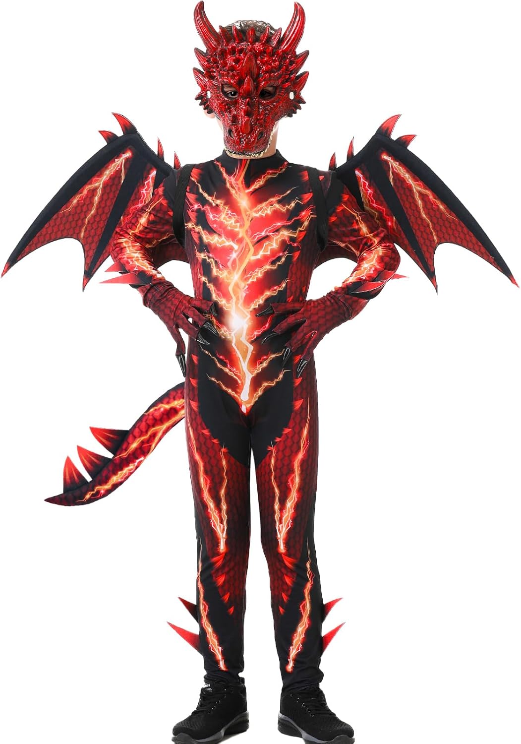 Dragon Costume Kids with Lightning Wings Mask Boys Dragon Costume Fun Dinosaur Outfit for Halloween Cosplay