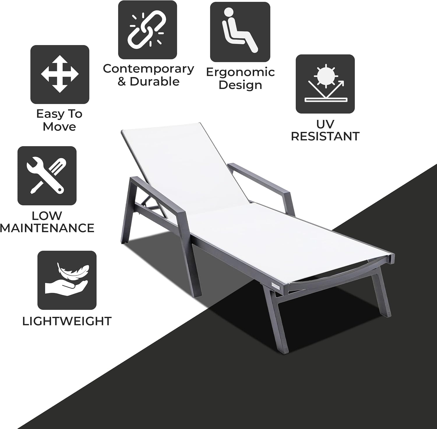 LeisureMod Marlin Patio Chaise Lounge Chair, Adjustable Outdoor Black Aluminum Lounge with Breathable Mesh Sling Back, Lightweight Poolside Reclining Sun Lounger Weather & UV Resistant (White)