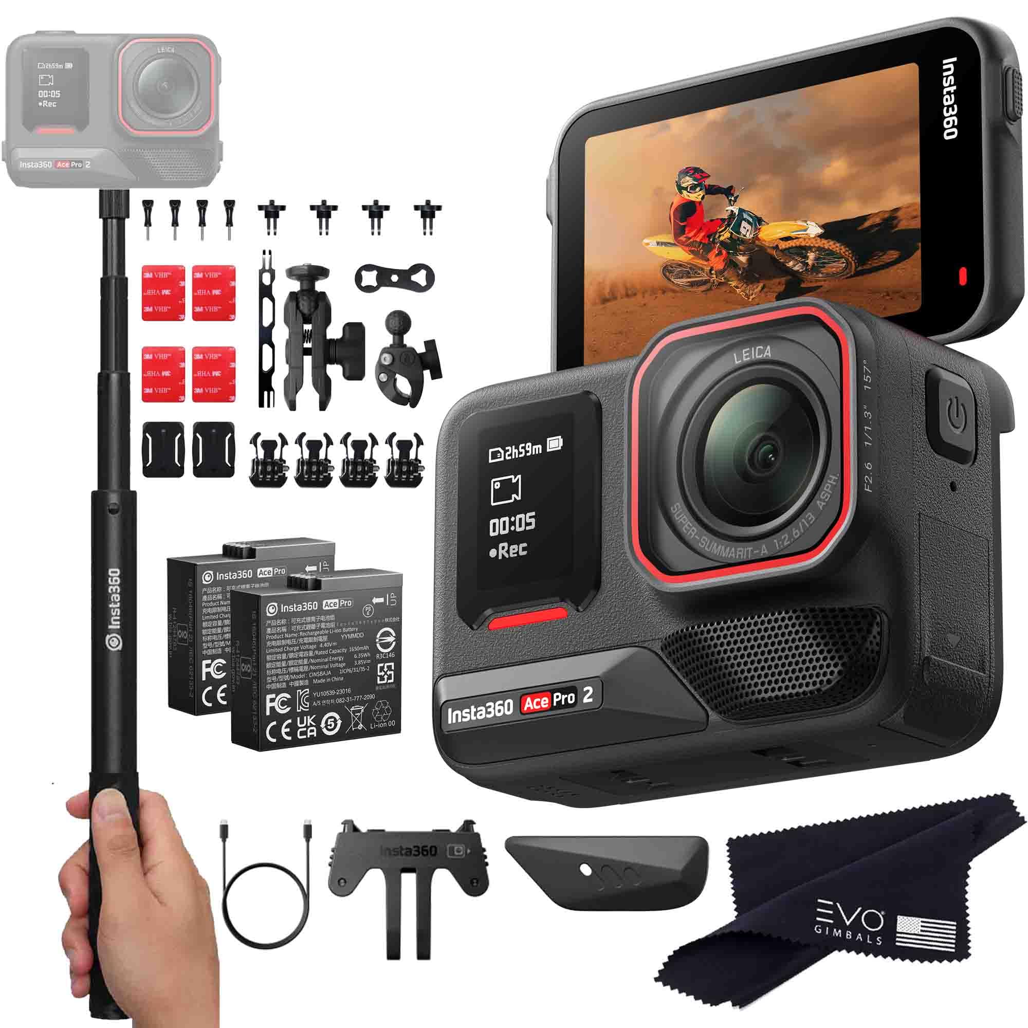 Insta360 Ace Pro 2 Motorcycle Bundle- 8K Waterproof Action Camera Co-Engineered with Leica, Flagship 1/1.3" Sensor, 8K30, 2.5" Flip Screen|Includes
