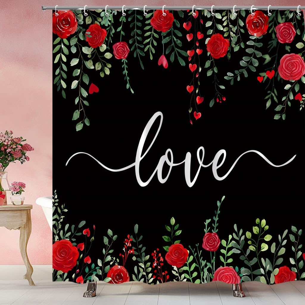 Valentines Shower Curtain Red Rose Green Leaves Love Flower Romantic Spring Floral Garden Bathroom Curtain Fabric with Hooks(84" Wx70 H)