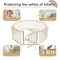 Vista 5 de Corralito para bebés, corralito para bebés y niños pequeños, patio de juegos plegable de madera con puerta, centro de actividades ajustable
