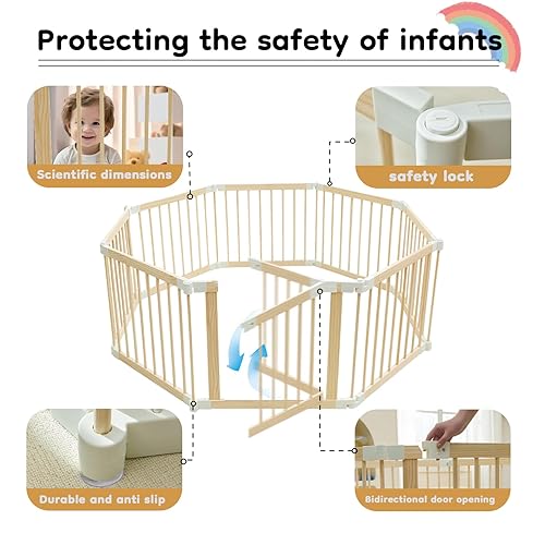 Miniatura 5 de Corralito para bebés, corralito para bebés y niños pequeños, patio de juegos plegable de madera con puerta, centro de actividades ajustable para