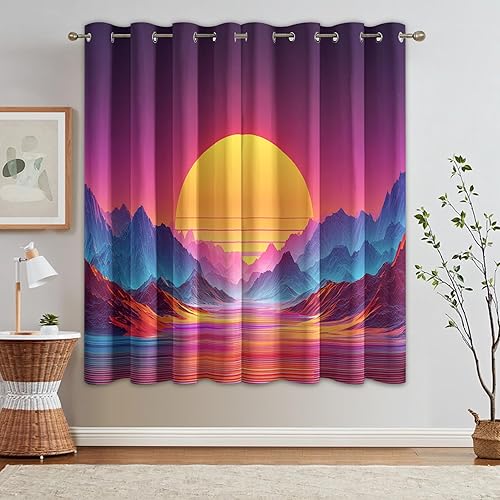 Miniatura 11 de Retro Neon Synthwave Curtains 63 Inch 2 Panel Set, 95% Blackout Curtains City Skyline Pattern, Retro Neon Synthwave Decor for Living Room Bedroom,