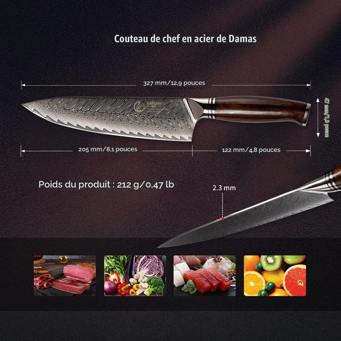 YARENH Couteau de Chef 20.5 cm, Couteaux de Cuisine Professionnel Full Tang, Acier Damas 73 Couches avec Manche en Bois de Santal, Couteau de Tranchage Utilitaire Cuisine, Avec Fourreau en Bois