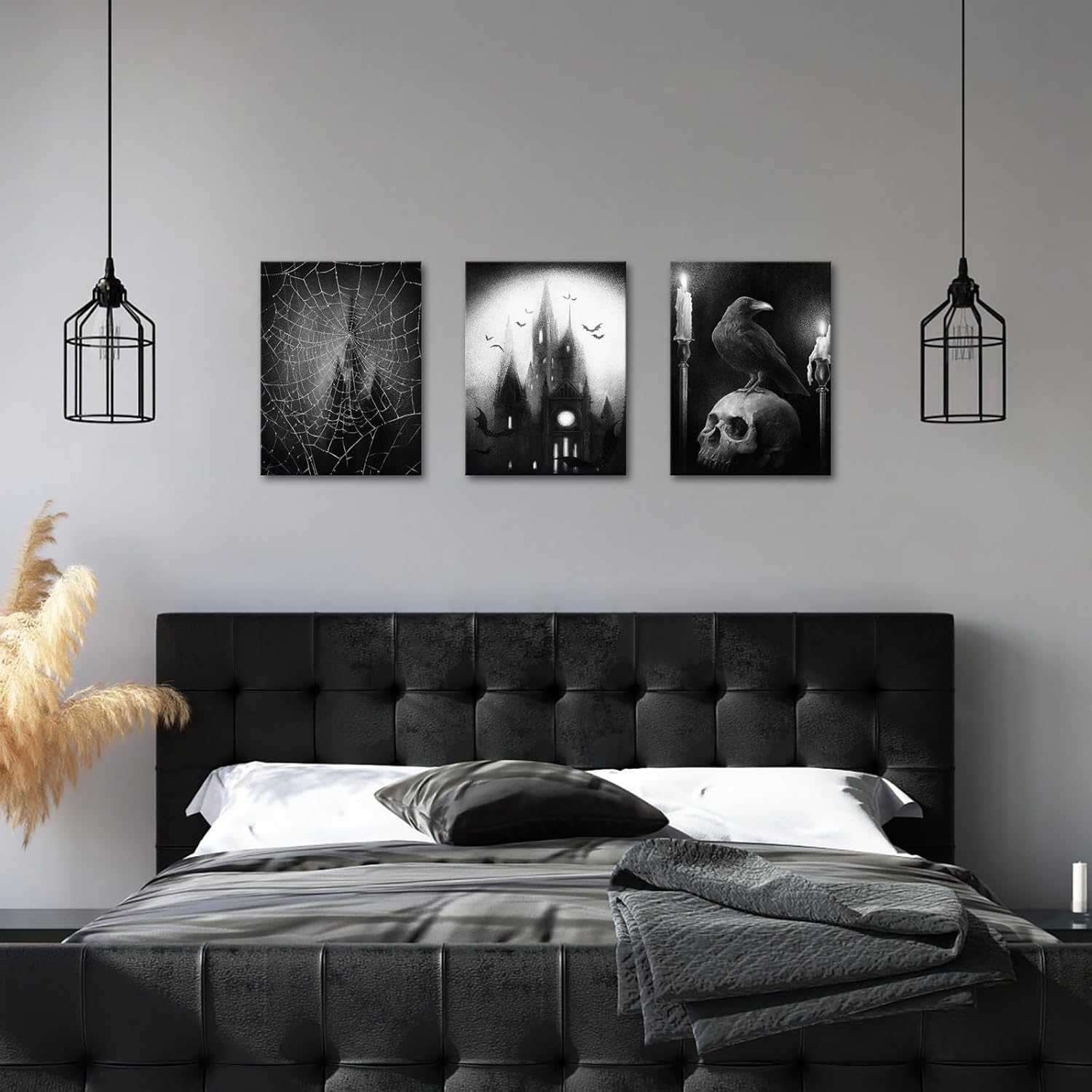 Visual Art Decor Gothic Wall Art Skull Wall Decor Halloween Decor Painting Framed Canvas Artwork Black and White Gothic Room Decor (12"x16"x3 Pieces)