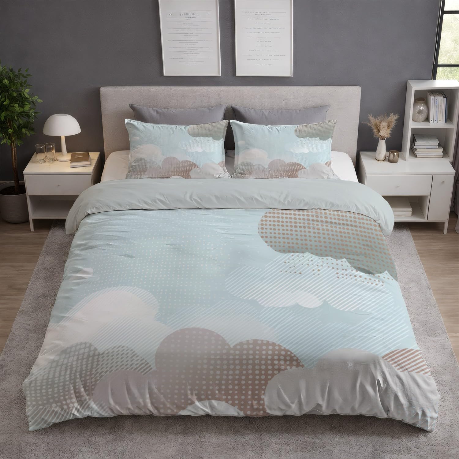Generic Zestaw poszewek na kołdrę vintage gradient chmury podwójne 200 cm x 200 cm, niebiesko-szary, minimalistyczny zestaw pościeli 3-częściowy, miękka poszewka na kołdrę z mikrofibry dla dzieci