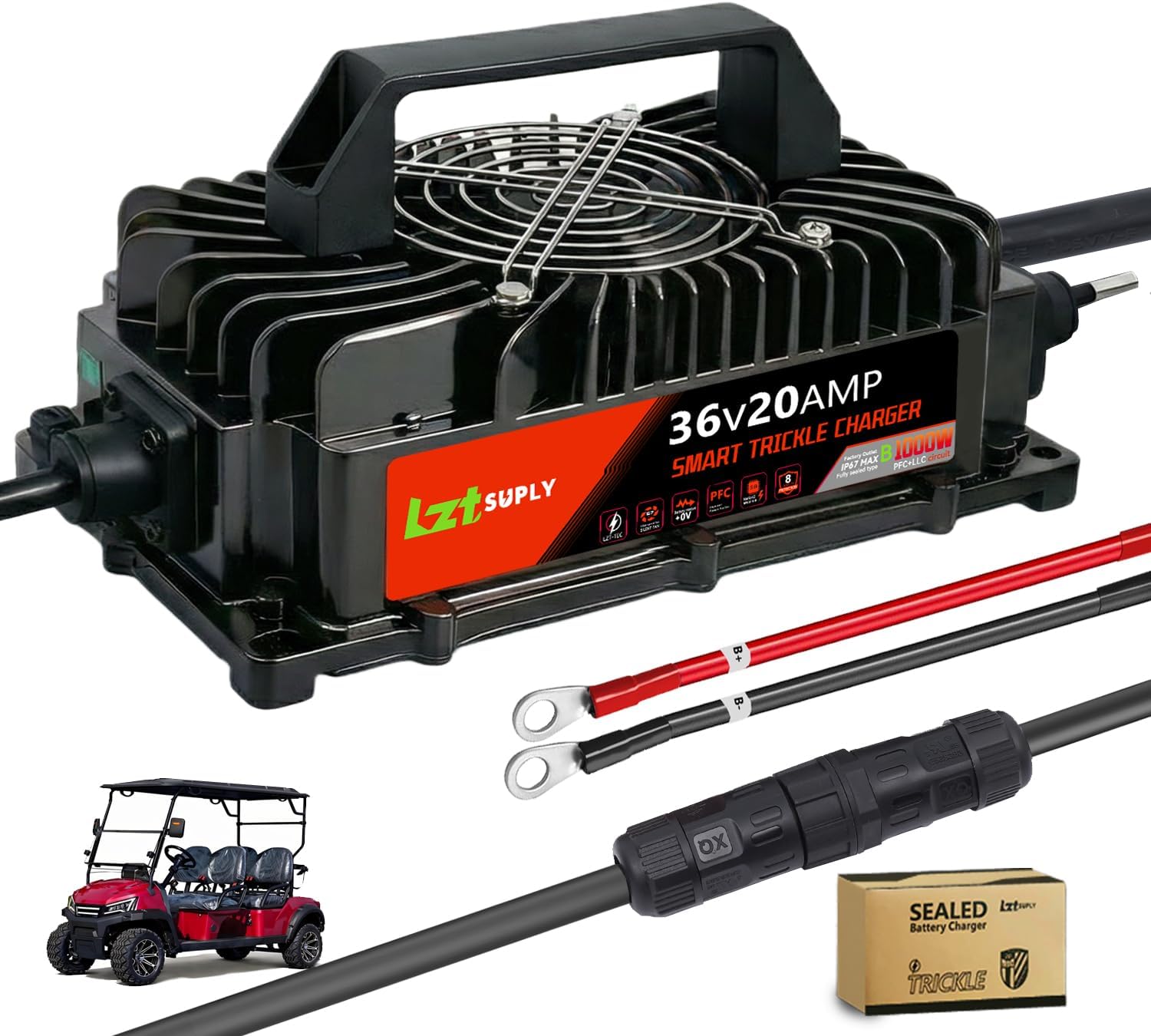 36V 20A LiFePO4 Battery Charger, 43.8V Lithium Batteries, IP67 Waterproof 0V Battery Rescue Sealed Charger with M8 Ring Terminal for Golf Cart, RV, Boat,Forklift,Home