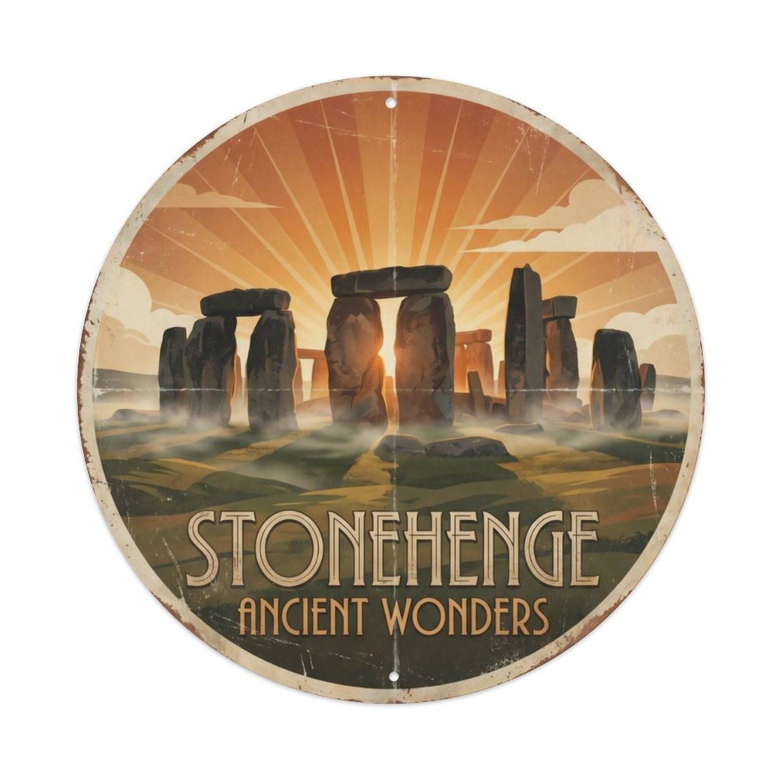 Vintage Travel Stonehenge England Monument Metal Tin Sign Plaque Wall Decor for Cafe, Club, Garden Round Metal Poster 8x8Inch