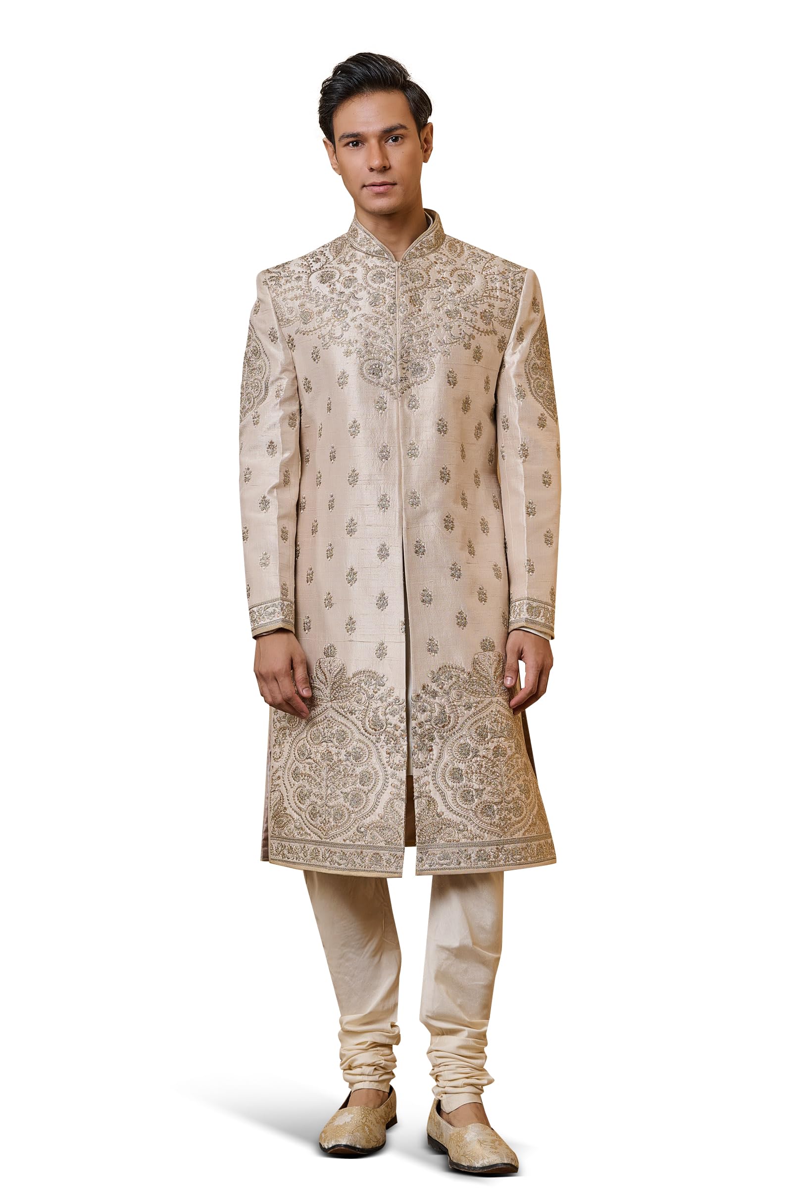 tasva Ivory Raw Sherwani With Placement Embroidery For Men-picture-33