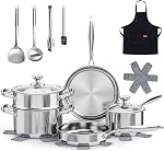 Meythway Pots and Pans Set Non Toxic, 16PCs Stainless Steel Cookware Set with Steamer, Kitchen Induction Cookware with Utensil Sets, Pot Protectors and Apron for Oven & Dishwasher Safe