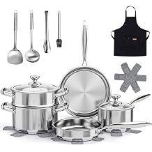 Meythway Pots and Pans Set Non Toxic, 16PCs Stainless Steel Cookware Set with Steamer, Kitchen Induction Cookware with Utensil Sets, Pot Protectors and Apron For Oven &amp; Dishwasher Safe