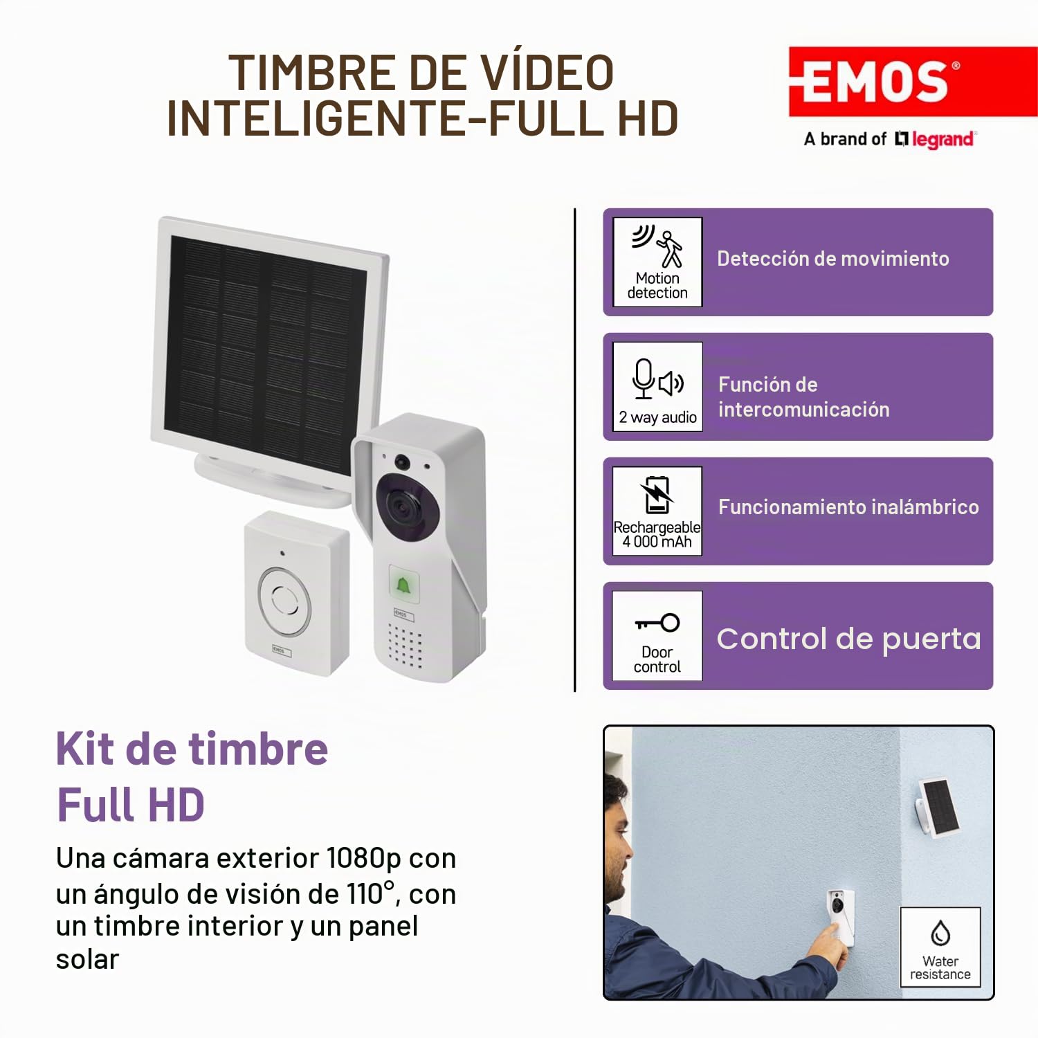 EMOS GoSmart - Timbre de Puerta con vídeo para el hogar Inteligente con aplicación, WiFi, cámara Impermeable Full HD 1080p, Panel Solar/batería, Timbre, Control de Cerradura de Puerta, protección