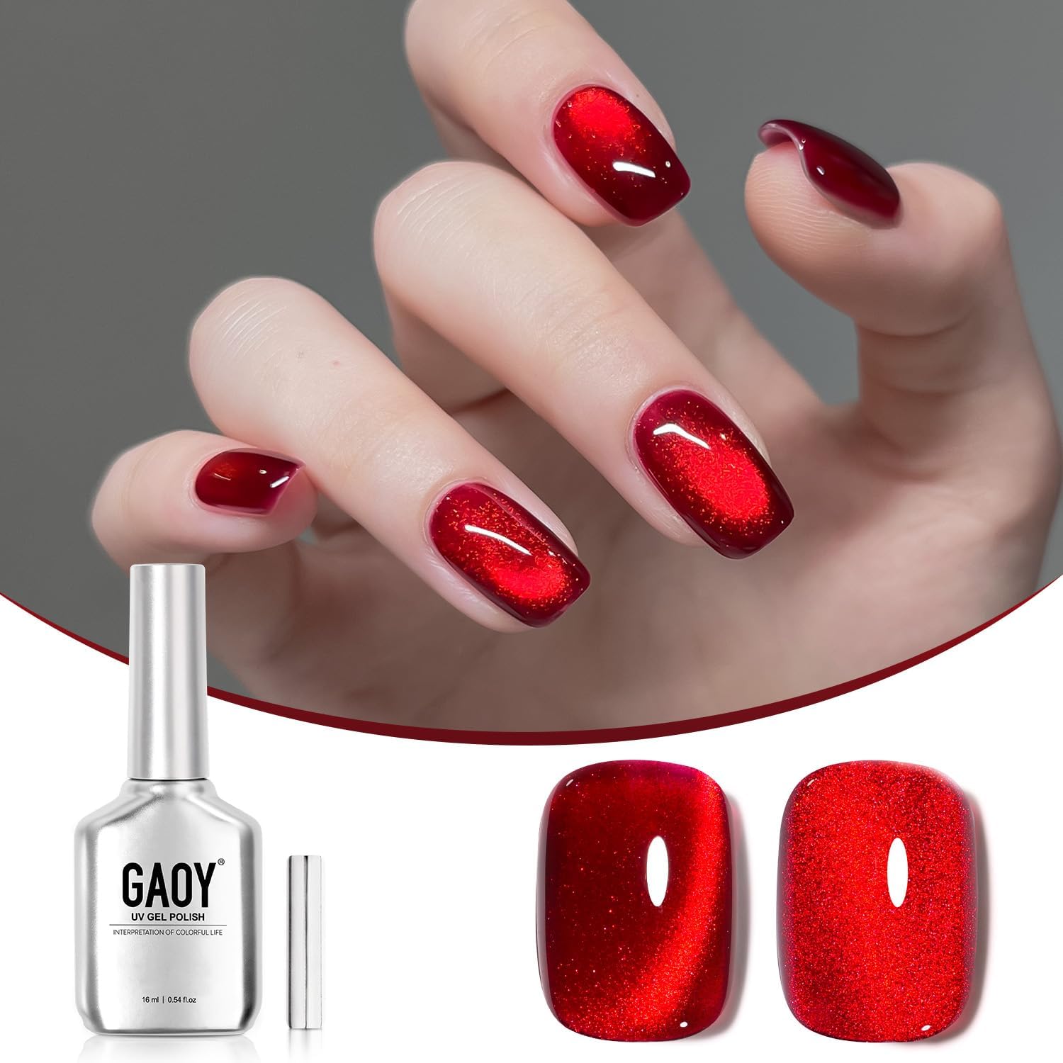 Red Cat Eye Gel Nail Polish, 16ml Glitter Holographic Nail Polish with Magnet, Reflective Translucent UV Gel, 2907 Ruby Twilight