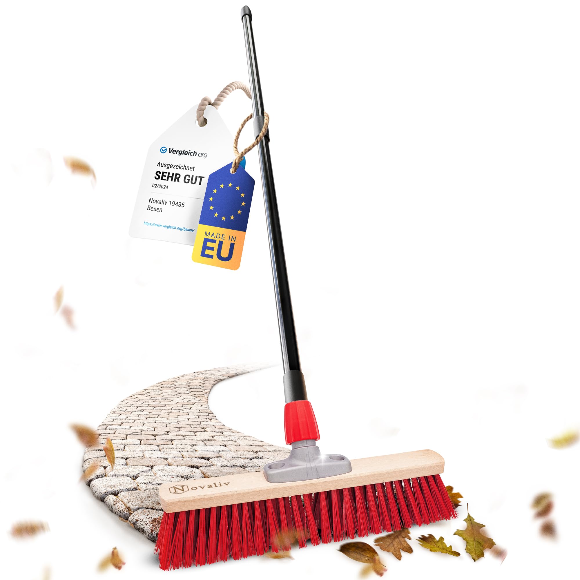 Novaliv Straßenbesen 40 cm I Besen mit Stiel ausziehbar I Elaston rot I Grob I Industriebesen Kehrbesen Gartenbesen Hofbesen