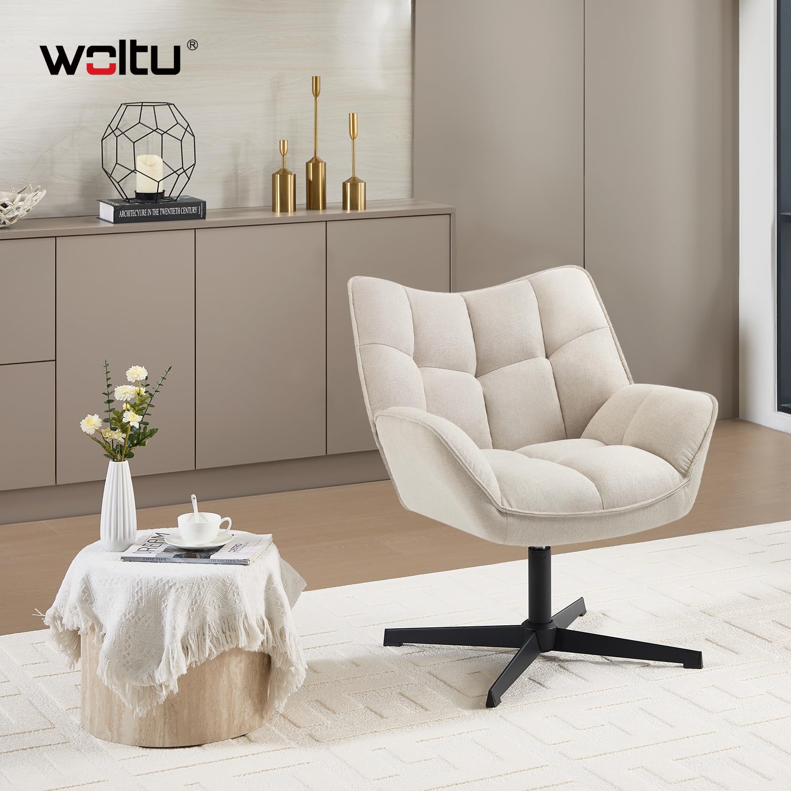 WOLTU Relaxsessel, Sessel 360° drehbar, Ohrensessel gepolstert, Fernsehsessel, Lesesessel, Loungesessel, Wohnzimmer Schlafzimmer, Leinen, Beige