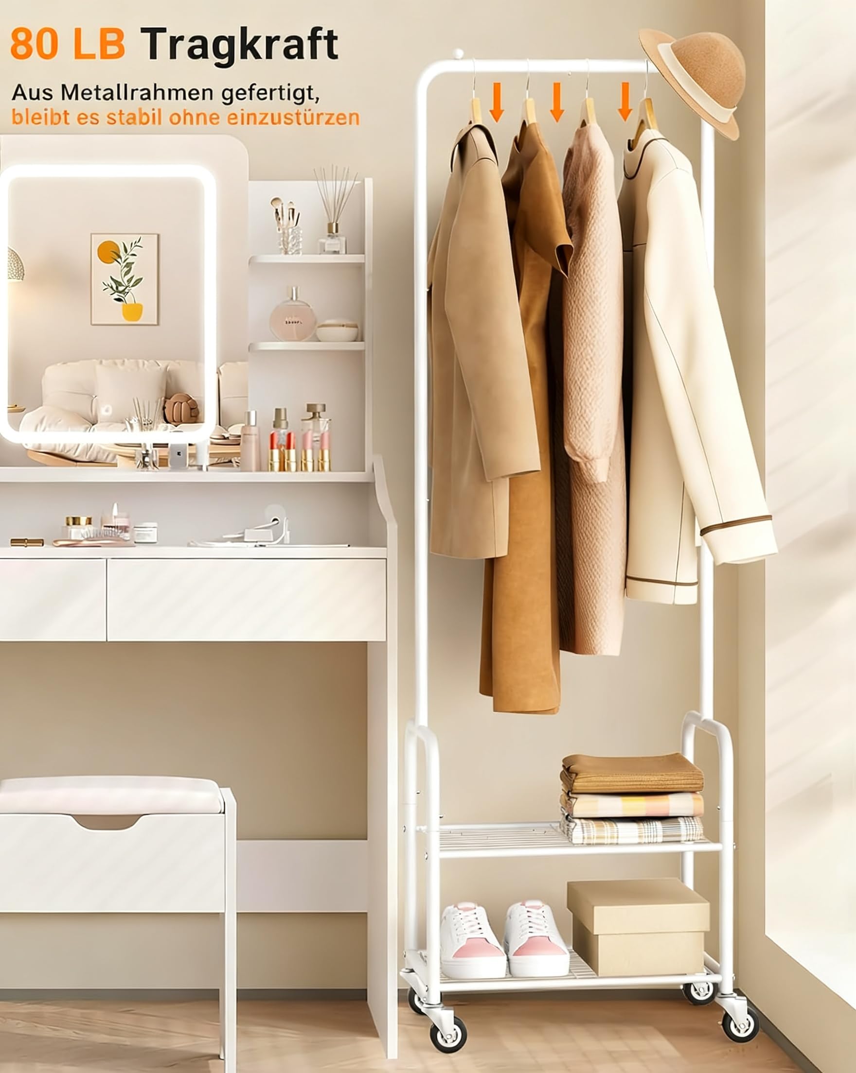 MISSLO Perchero pequeño con rejilla de almacenamiento, perchero estable con ruedas, de metal estrecho para ropa, zapatos, dormitorio, móvil, color blanco