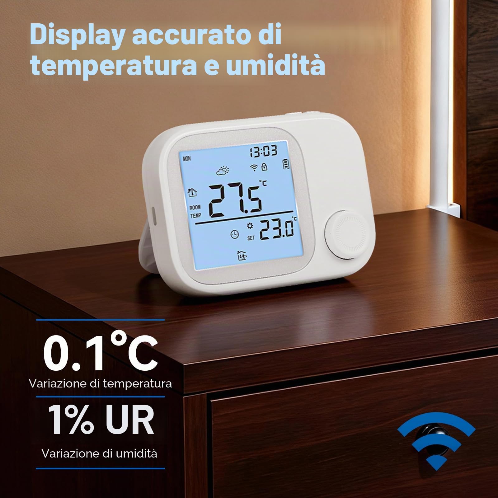 Termostato Wi-Fi per caldaia a gas,Termostato Smart a Batteria compatibile Google e Alexa, Timer Settimanale, Funzione di Memoria, Controllo Tramite Pulsanti, Protezione Antigelo, Blocco Bambini