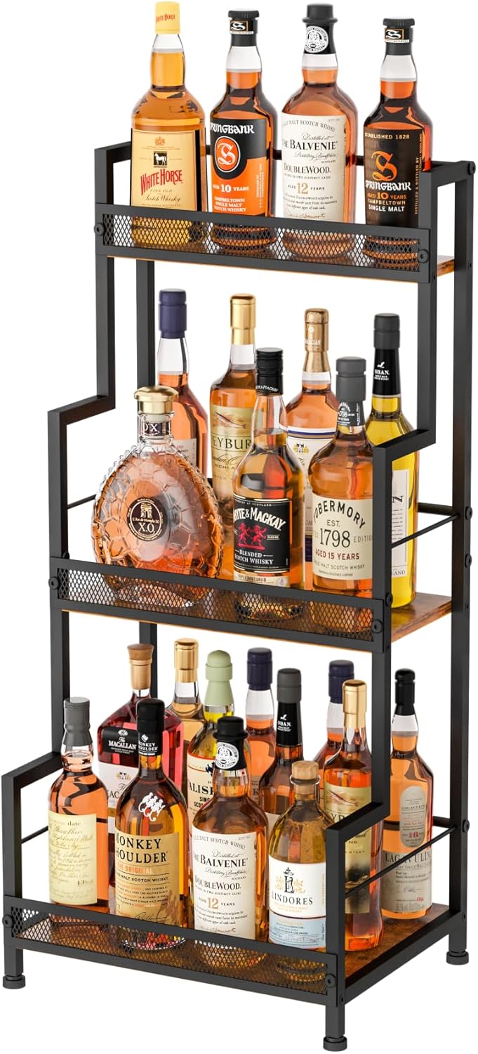 Trapezoid Liquor Stand, 3 Tier Liquor Cabinet, Wine Bottle Display Shelf for Home Bar, Mini Corner Liquor Bottle Display Stand for Whiskey, Wine, Stepped Wine Rack Freestanding Floor