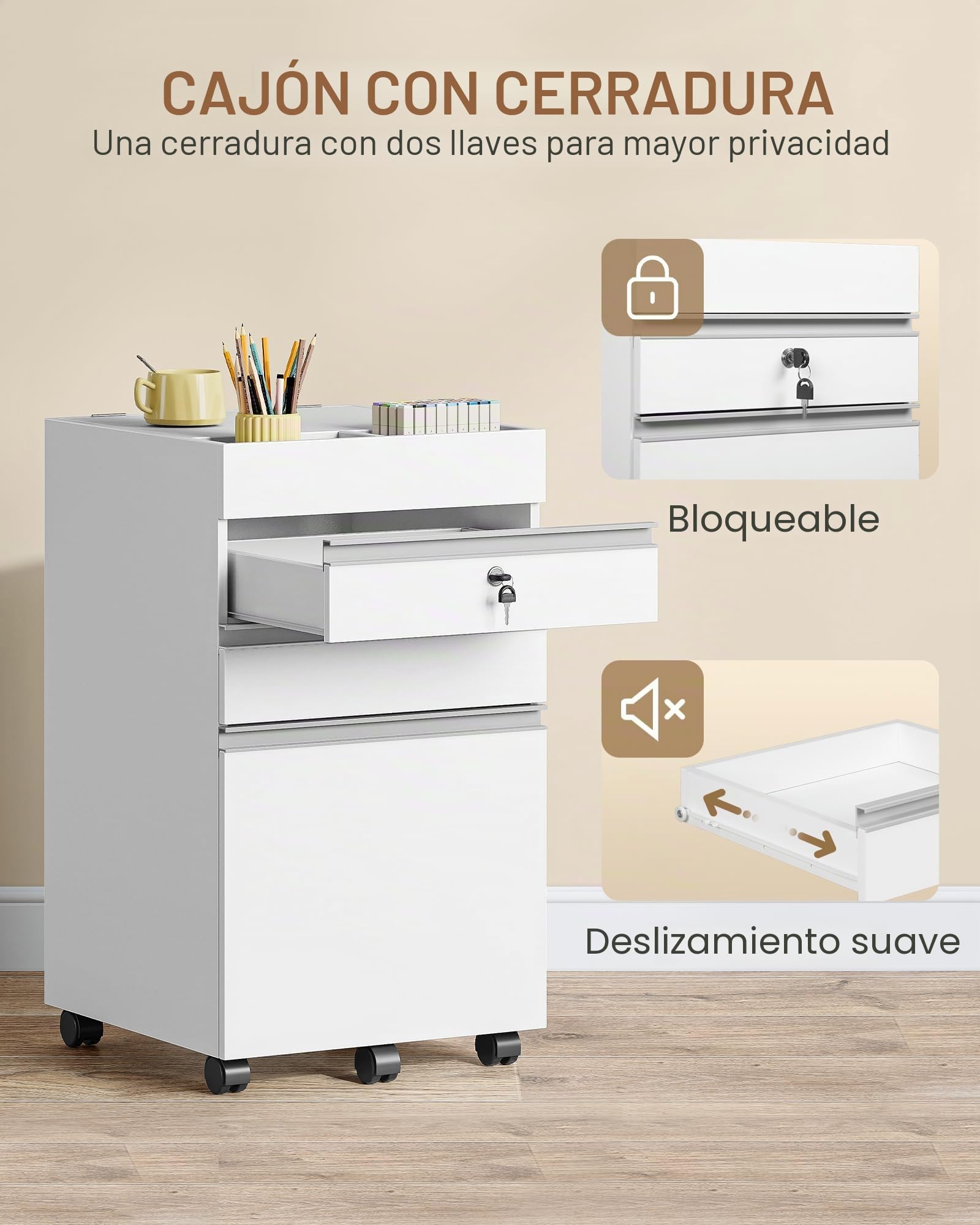 Hzuaneri Cajonera Escritorio, Archivador Móvil con Ruedas, 3 Cajones, para Estudio, Oficina, 40 x 40 x 70 cm, Blanco FC41003X