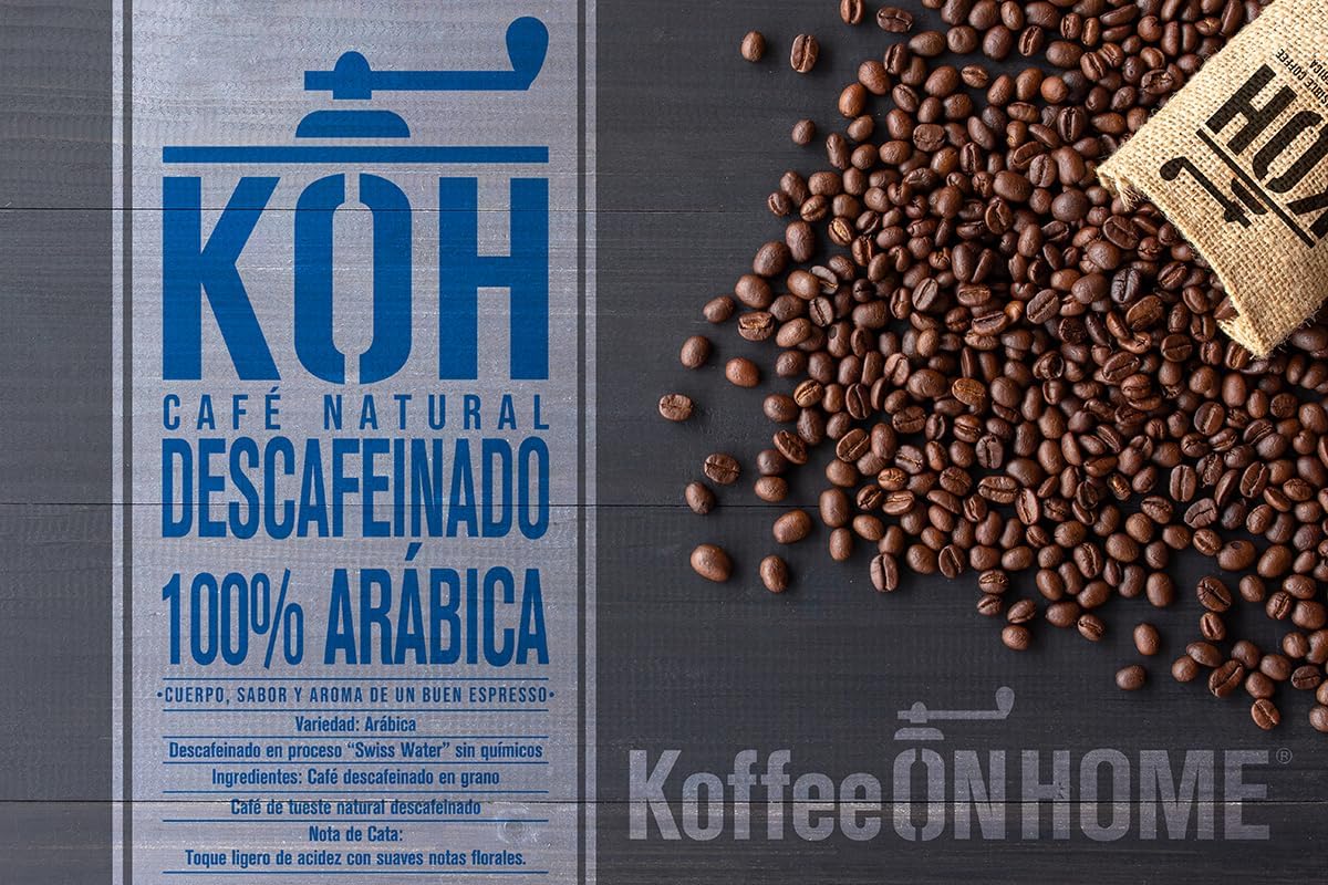 KoffeeONHOME Café en Grano Descafeinado al Agua, 100% Arábica, Tueste Natural, 1 kg