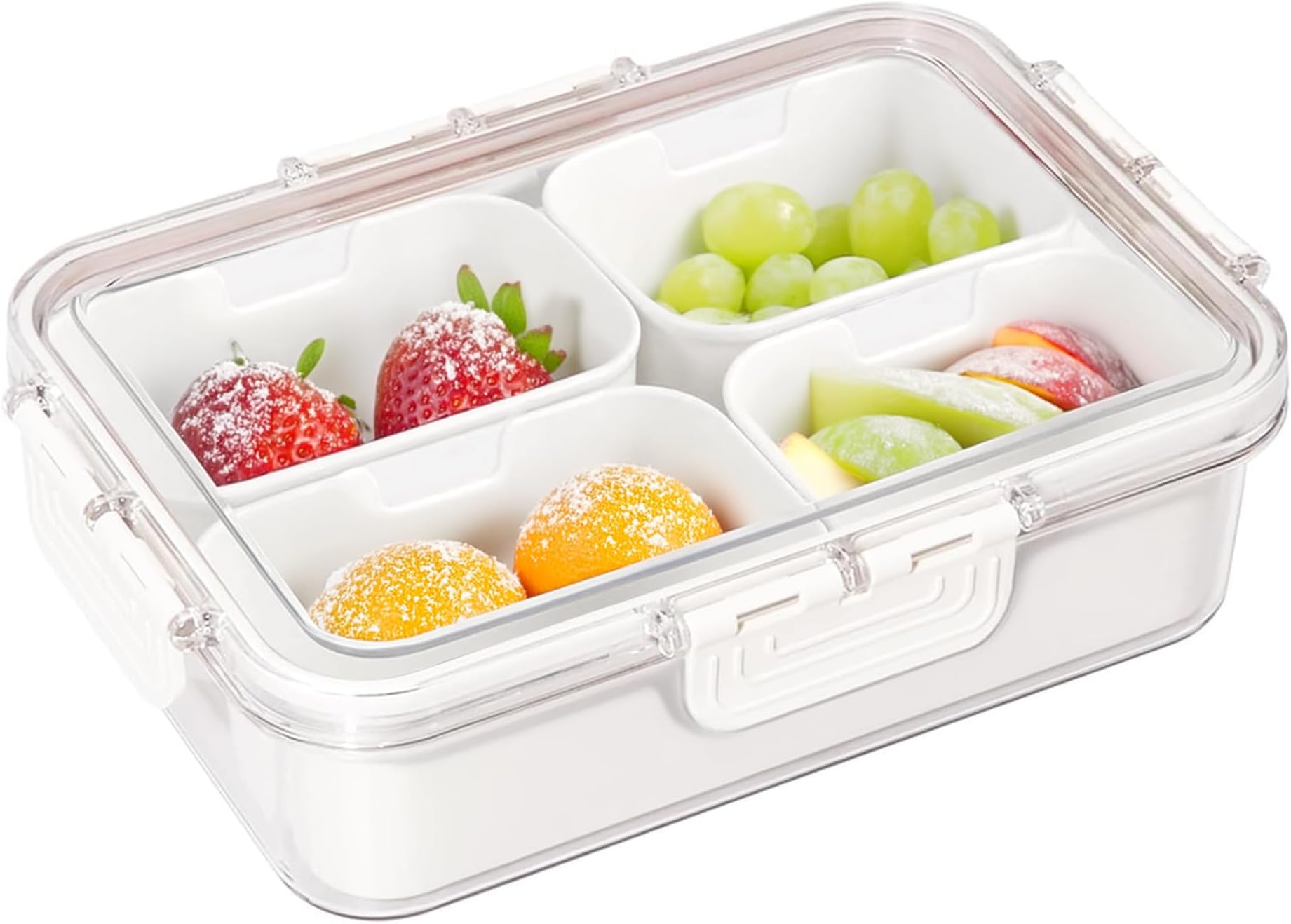 - Plastic 4 Compartment Storage Snack Platters Airtight With Lid, Snackle Box Refrigerator Storage Box Fresh-Keeping Fruit Boxes For Snack, Fruit, Veggie, Candies, White