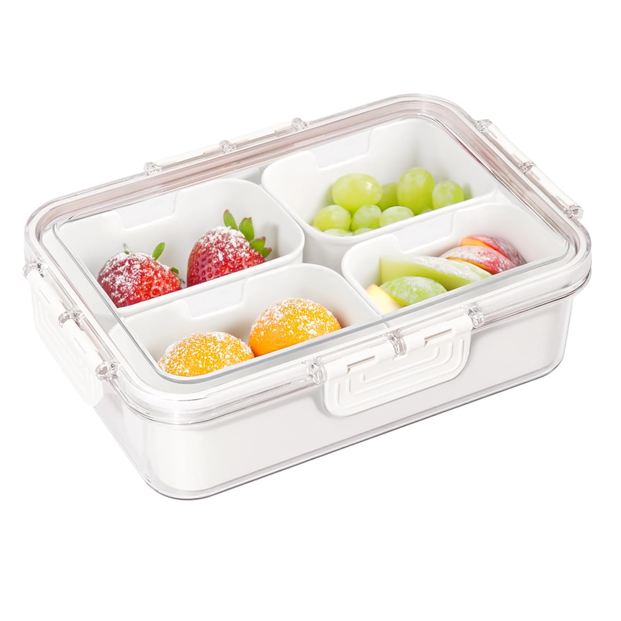 PRIME PICK Plastic 4 Compartment Storage Snack Platters Airtight With Lid, Snackle Box Refrigerator Storage Box Fresh-Keeping Fruit Boxes For Snack, Fruit, Veggie, Candies, White
