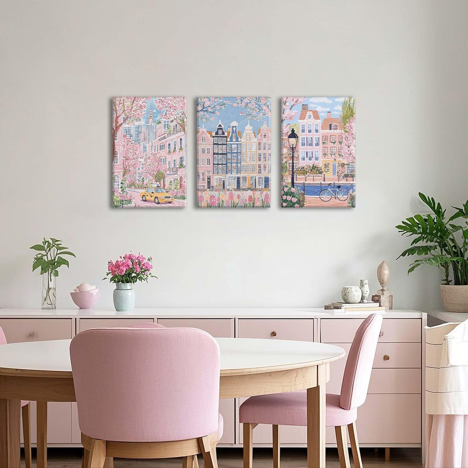 XLARTMY Watercolor City Landscape Travel Wall Art Canvas Framed Pink Cherry Flower Poster Girly Prints Painting Pictures Set of 3 for Bedroom Living Room Office 16x24in