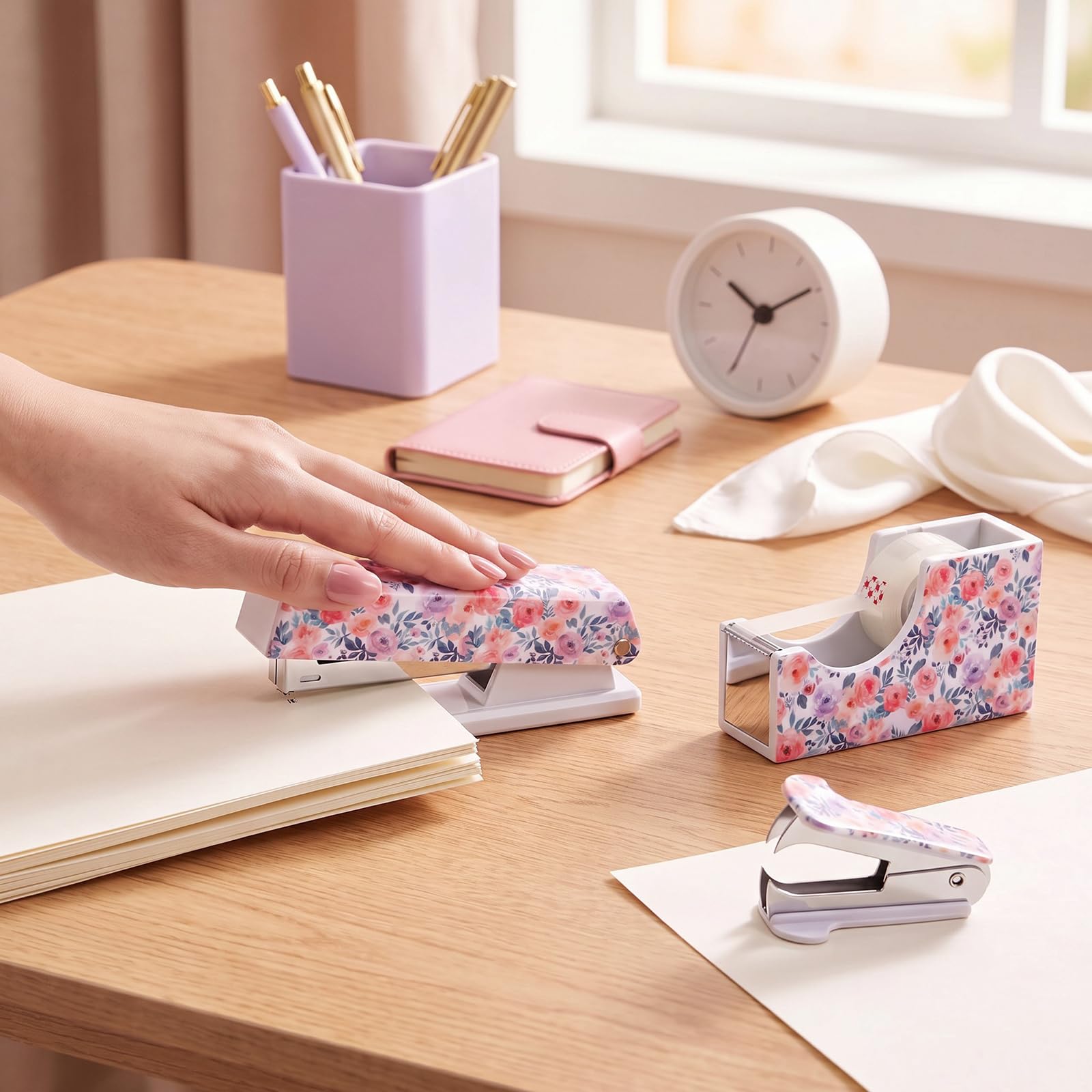 Eaasty Juego de grapadora floral y dispensador de cinta, bonito juego de suministros de oficina con 2 rollos de cinta, removedor de grapas y 1000 grapas 24/6, accesorios de escritorio para profesores
