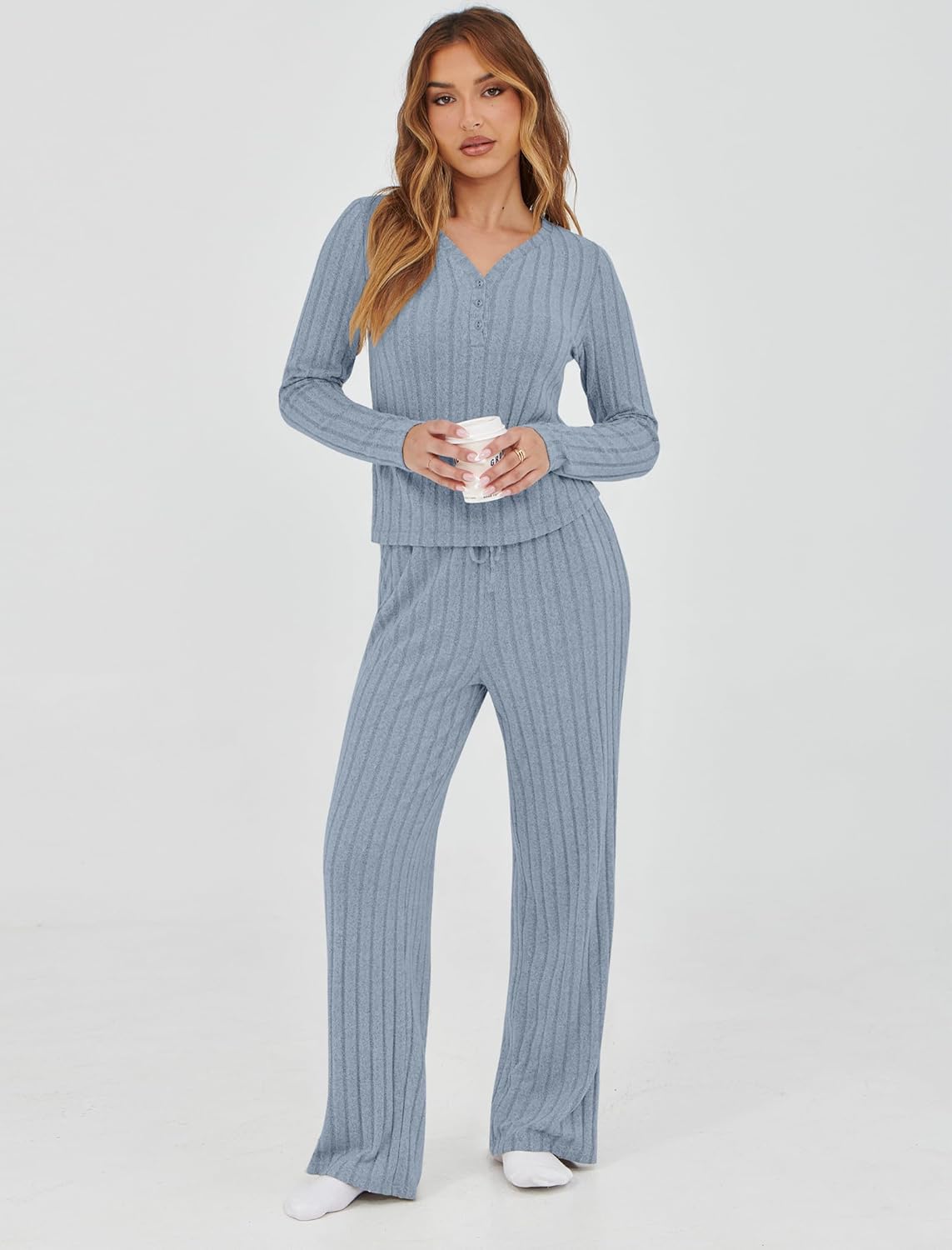 Womens Pajama Sets 2 Piece Lounge Pajamas Sets Casual Ribbed Knit Long Sleeve Matching Set - Image 2
