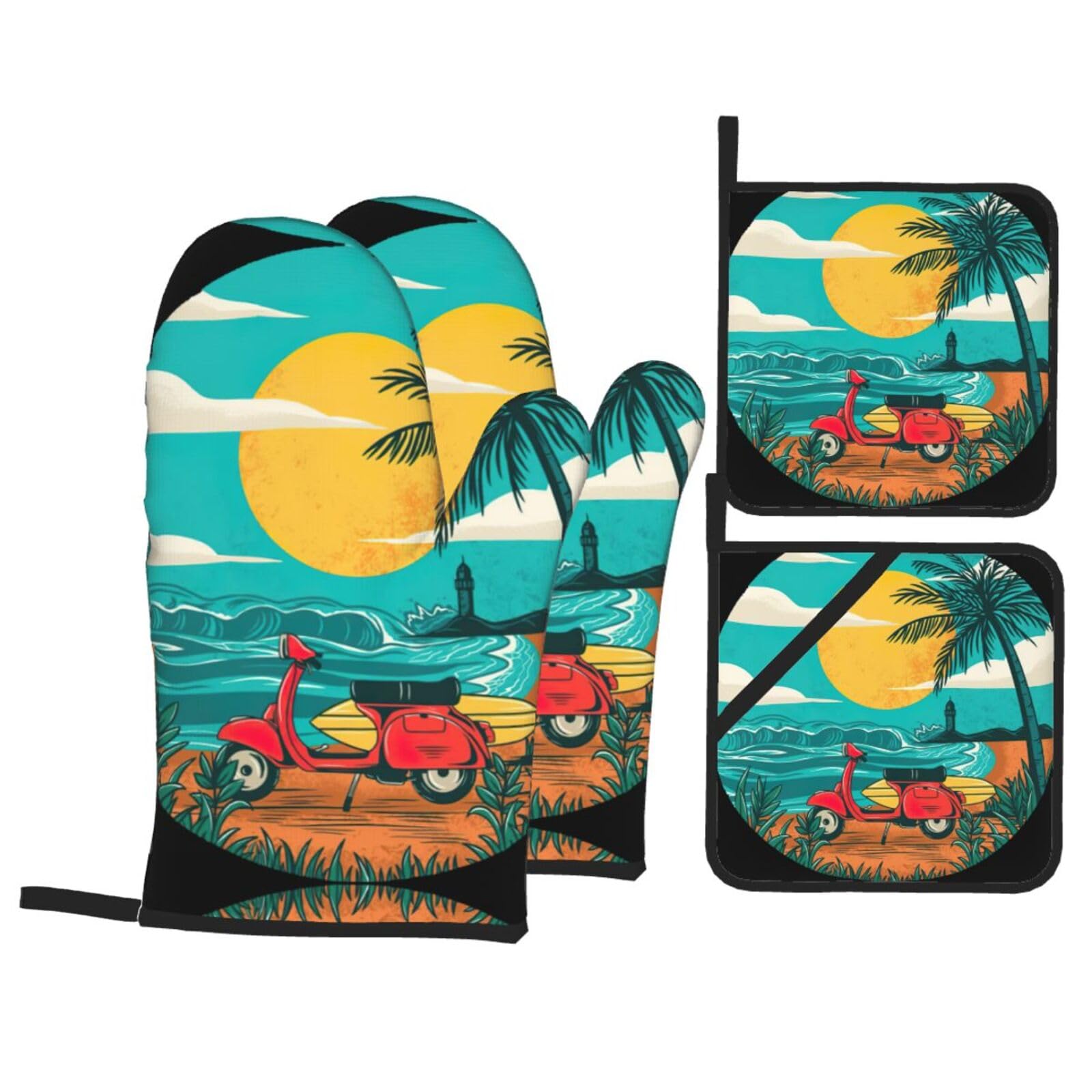Sunset Beach Palm Tree Print Stylish 4-Piece Microwaving Oven Waterproof Kitchen Gloves Baking Holiday Cooking