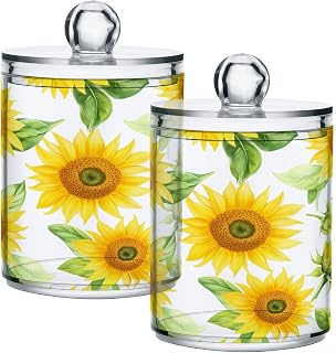 Yellow Sunflower Airtight Clear Plastic Storage Jar 2 Pack Acrylic Storage Canisters for Kitchen Bathroom Vanity