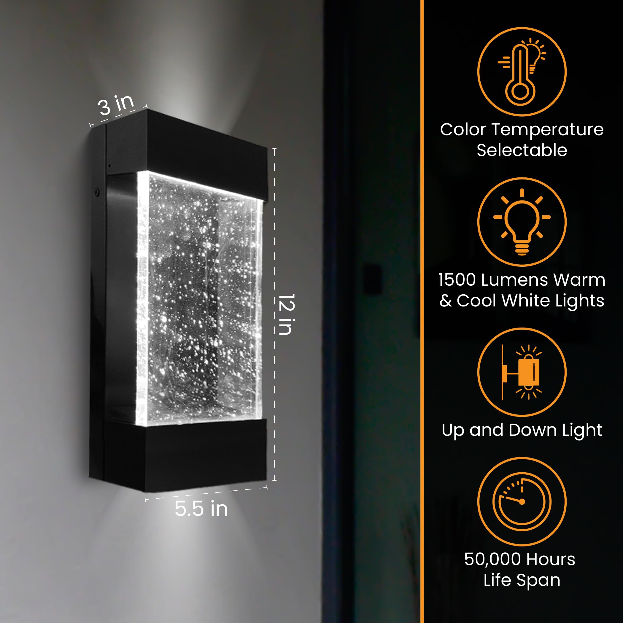 Ciata Bubble Glass Boho Wall Scone LED Lighting with Up and Downlights, Modern Designer Home Decor, CCT Select Color, Indoor and Outdoor, Wet Rated, 12 Inch