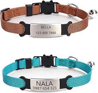Rising paw 2 Pack Personalized Cat Collar with Cat ID Tags,Safety Breakaway Release Kitten Custom Collars with Bell for Boy & Girl Cats