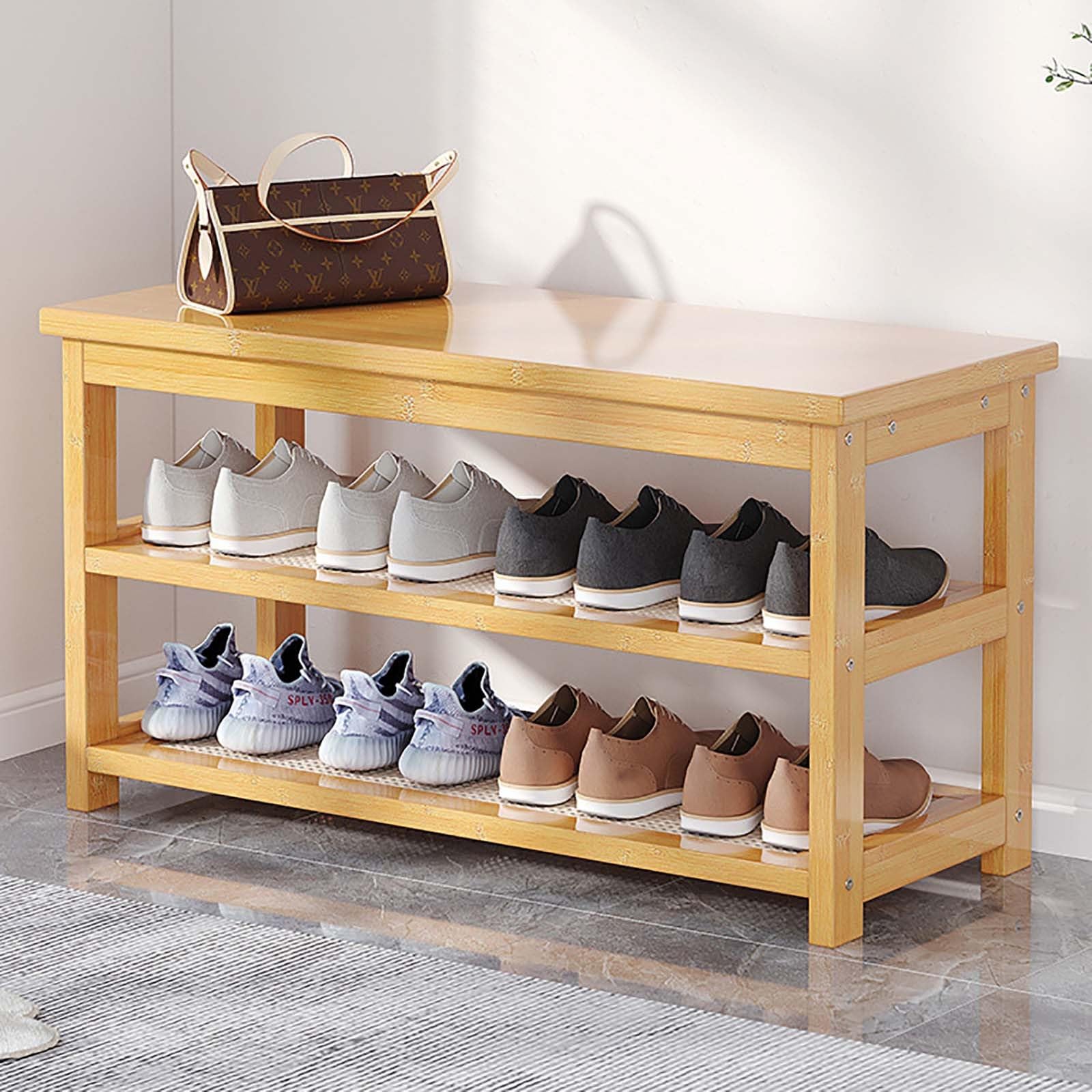 Banco zapatero de bambú con almacenamiento de zapatos extraíble de ratán