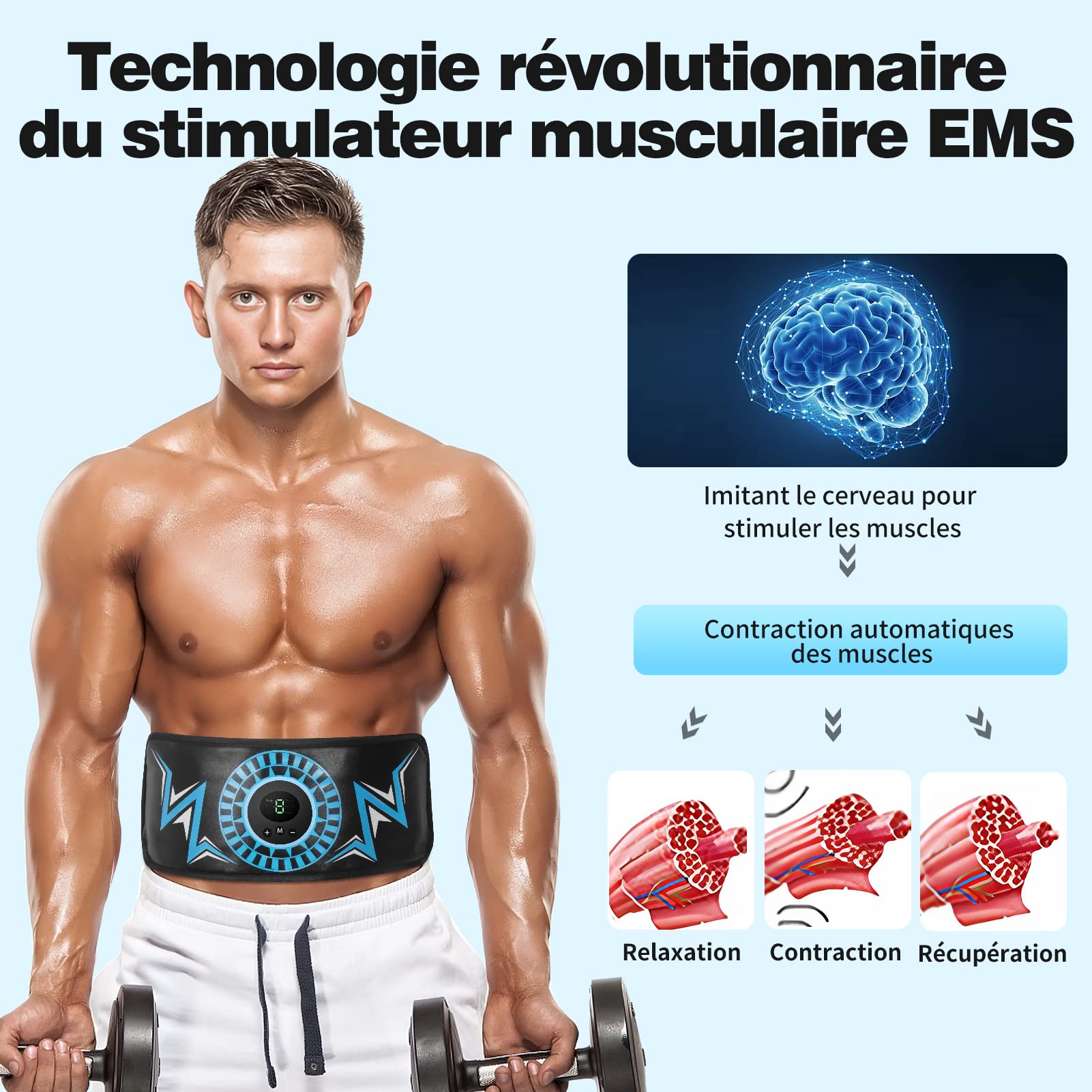 Ceinture Abdominale Electrostimulation, Appareil Electrostimulation Abdominale, Electrostimulateur Musculaire, Cuir de Première Qualité, 6 Modes & 9 Intensités, Ajout de Ceinture d'extension