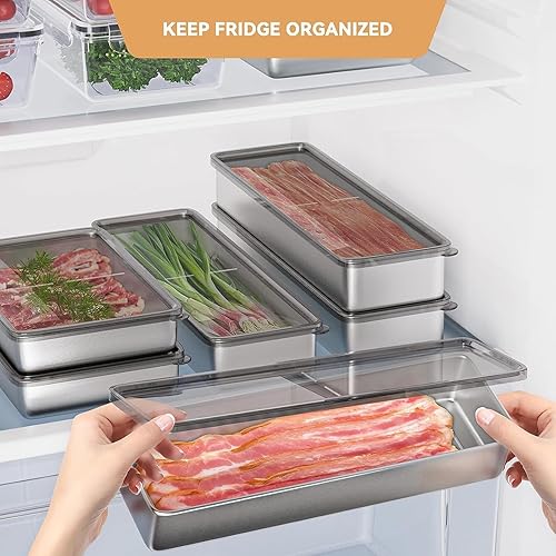 Miniatura 3 de Recipiente de tocino para refrigerador, 1000ML2000ML800ML400ML Crisper Box 304 Recipientes herméticos de almacenamiento de carne con tapas con base