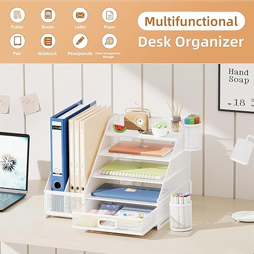 Miniatura 3 de Marbrasse Desk Organizer with File Holder, 5-Tier Paper Letter Tray Organizer with Drawer and 2 Pen Holder,Mesh Desk Organizers and